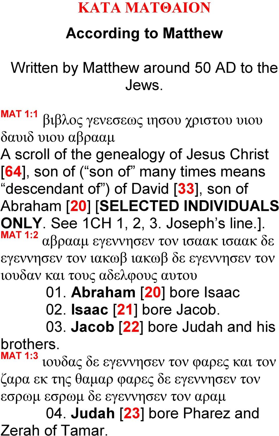 Abraham [20] [SELECTED INDIVIDUALS ONLY. See 1CH 1, 2, 3. Joseph s line.]. MAT 1:2 αβρααμ εγεννησεν τον ισαακ ισαακ δε εγεννησεν τον ιακωβ ιακωβ δε εγεννησεν τον ιουδαν και τους αδελφους αυτου 01.