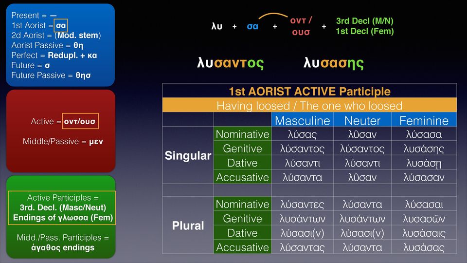 loosed Masculine Neuter Feminine λύσας λύσαντος λύσαντι λύσαντα λῦσαν λύσαντος λύσαντι λῦσαν λύσασα λυσάσης λυσάσῃ λύσασαν λύσαντες λυσάντων λύσασι(ν)