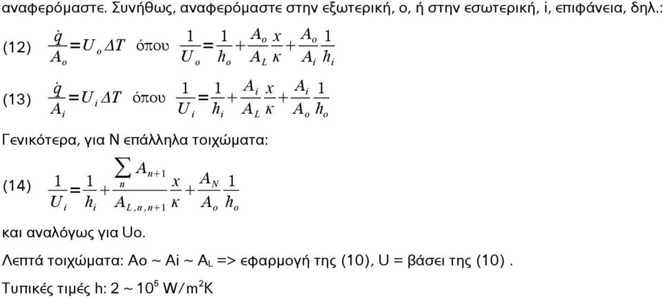 h i A L κ A o ho Γενικότερα, για N επάλληλα τοιχώματα: (14) Α n 1 1 1 x AN 1 n = U i h i A L, n, n 1 κ A o h