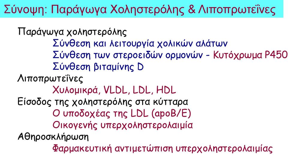 Λιποπρωτεΐνες Χυλομικρά, VLDL, LDL, ΗDL Είσοδος της χοληστερόλης στα κύτταρα Ο υποδοχέας της