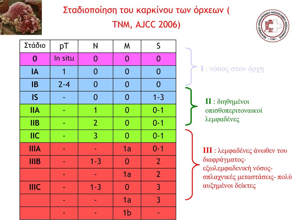 2 IIIC - 1-3 0 3 - - 1a 3 - - 1b - Ι : νόσος στον όρχη ΙΙ : διηθημένοι οπισθοπεριτοναικοί λεμφαδένες