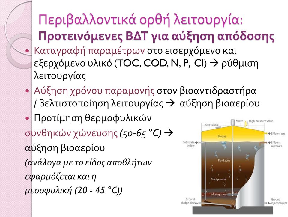 στον βιοαντιδραστήρα / βελτιστοποίηση λειτουργίας αύξηση βιοαερίου Προτίμηση θερμοφυλικών συνθηκών