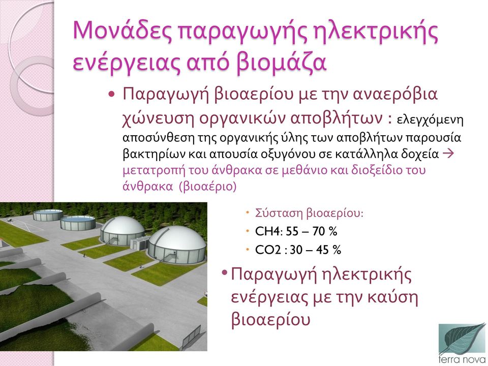 απουσία οξυγόνου σε κατάλληλα δοχεία μετατροπή του άνθρακα σε μεθάνιο και διοξείδιο του άνθρακα