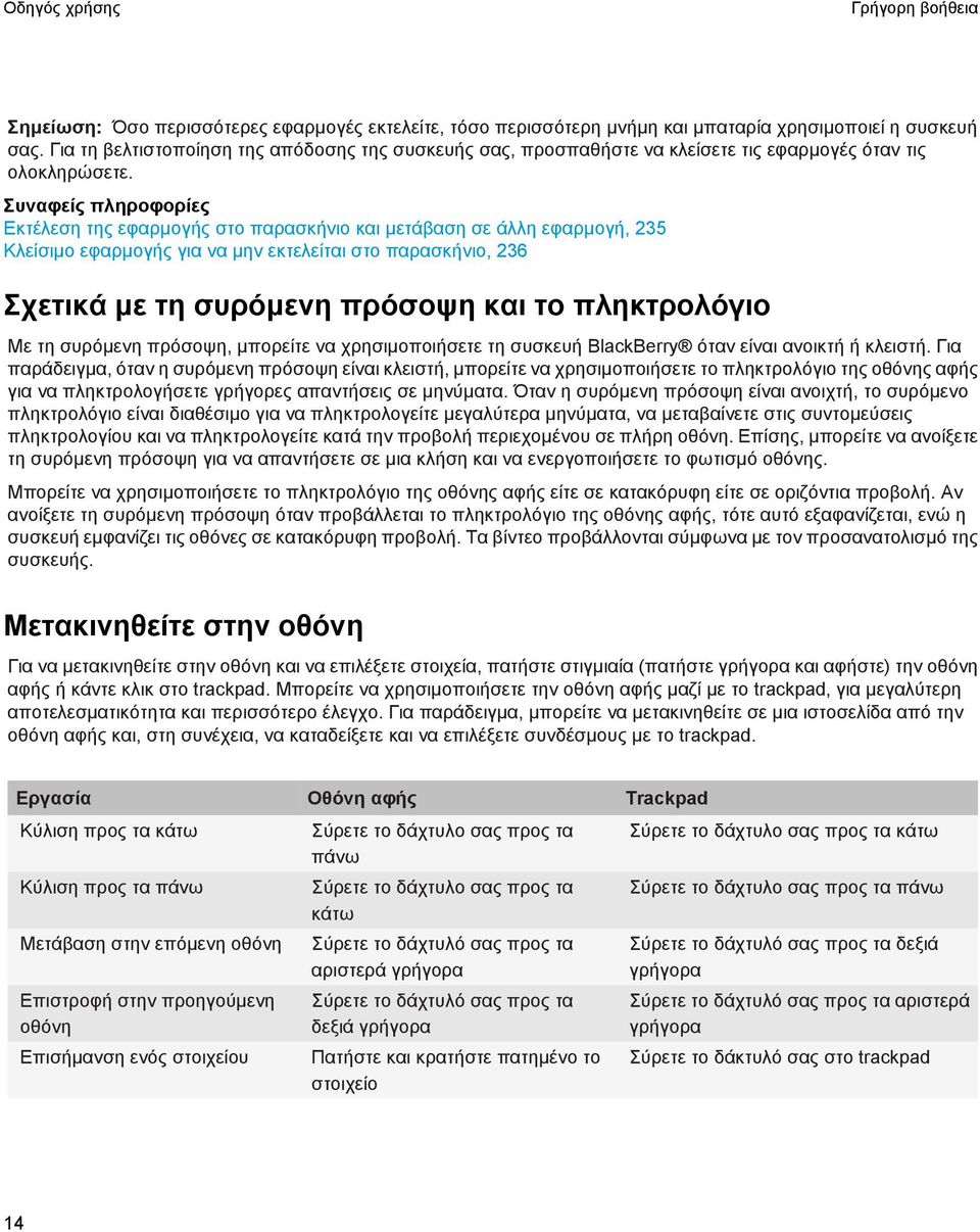 Συναφείς πληροφορίες Εκτέλεση της εφαρμογής στο παρασκήνιο και μετάβαση σε άλλη εφαρμογή, 235 Κλείσιμο εφαρμογής για να μην εκτελείται στο παρασκήνιο, 236 Σχετικά με τη συρόμενη πρόσοψη και το