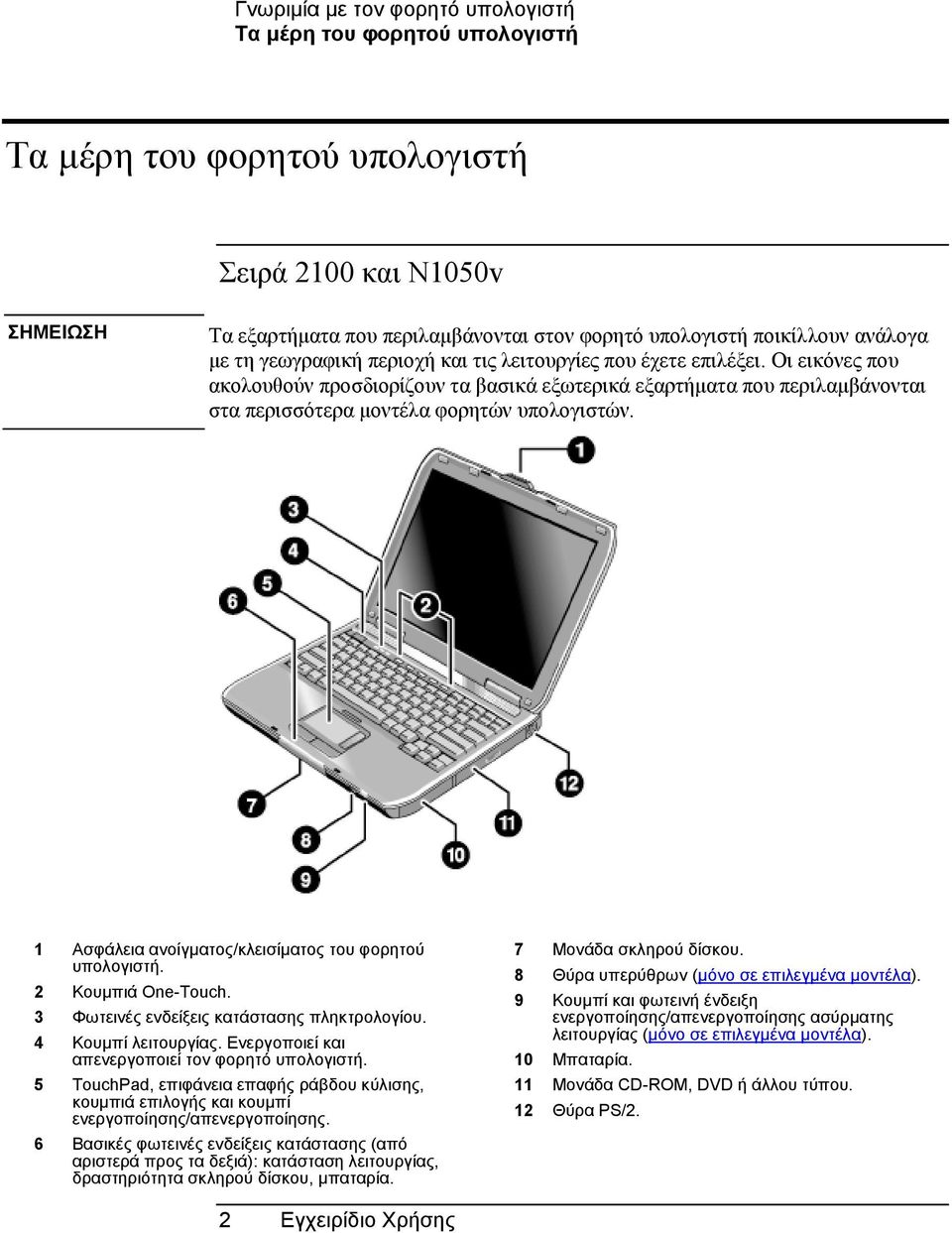 Οι εικόνες που ακολουθούν προσδιορίζουν τα βασικά εξωτερικά εξαρτήµατα που περιλαµβάνονται στα περισσότερα µοντέλα φορητών υπολογιστών. 1 Ασφάλεια ανοίγµατος/κλεισίµατος του φορητού υπολογιστή.