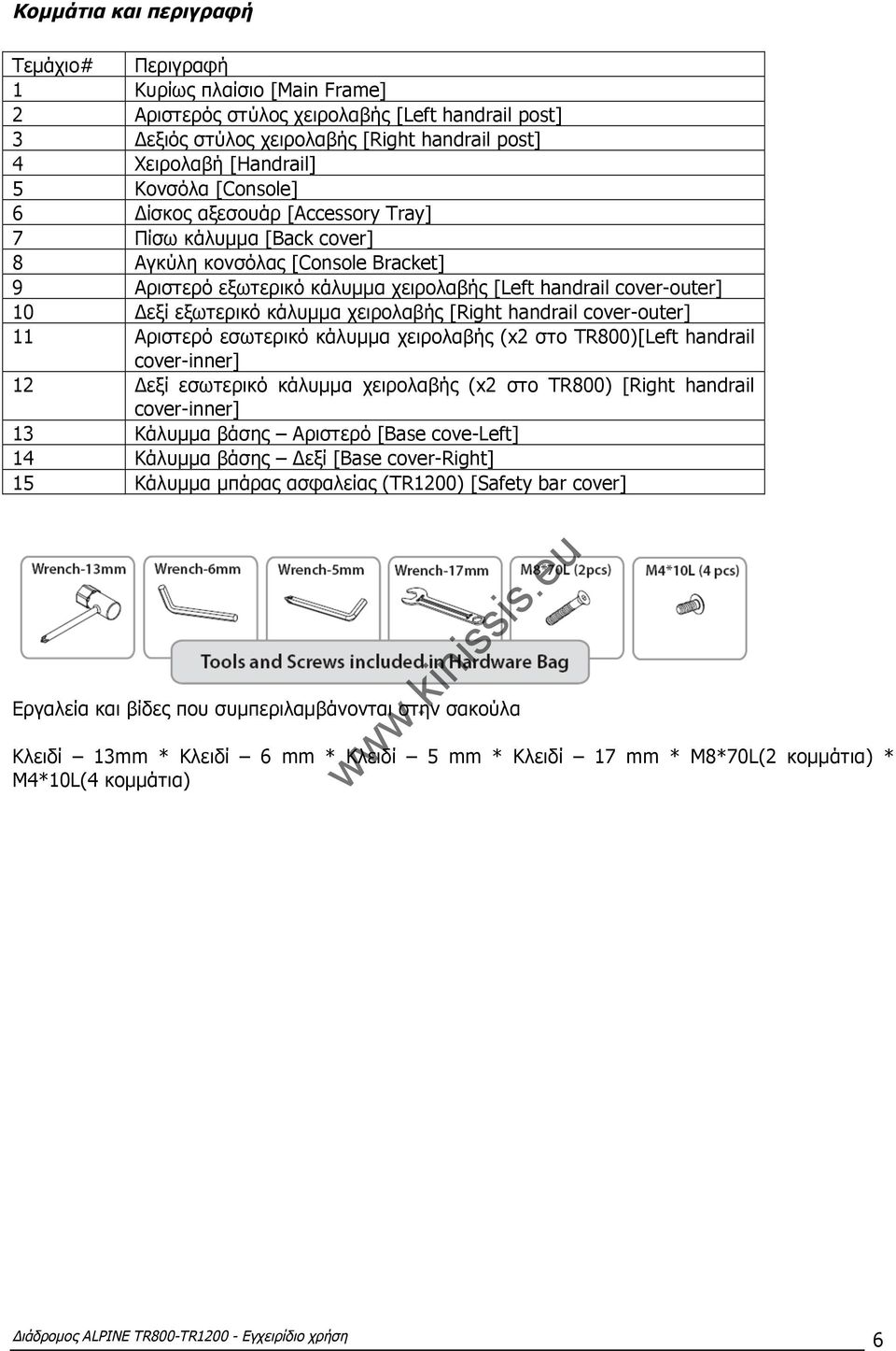 TR800)[Left handrail cover-inner] 12 μμ (x2 TR800) [Right handrail cover-inner] 13 μμ [Base cove-left] 14 μμ [Base