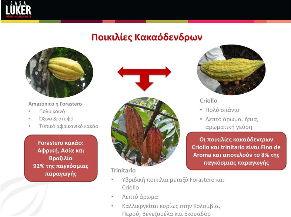 Λεπτό άρωμα Criollo Πολύ σπάνιο Καλλιεργείται κυρίως στην Κολομβία, Περού, Βενεζουέλα και Εκουαδόρ Λεπτό άρωμα, ήπια,