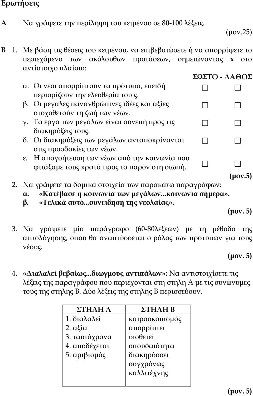 Οι νέοι απορρίπτουν τα πρότυπα, επειδή περιορίζουν την ελευθερία του ς. β. Οι μεγάλες πανανθρώπινες ιδέες και αξίες στοχοθετούν τη ζωή των νέων. γ.