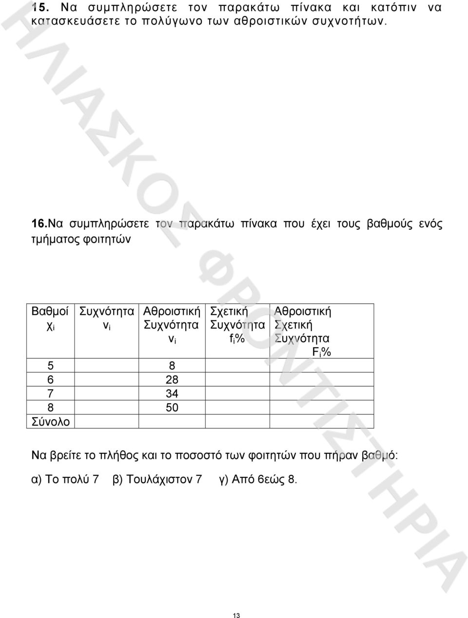 Αθροιστική Συχνότητα v i 5 8 6 8 7 34 8 50 Σύνολο Σχετική Συχνότητα f i % Αθροιστική Σχετική Συχνότητα F i %