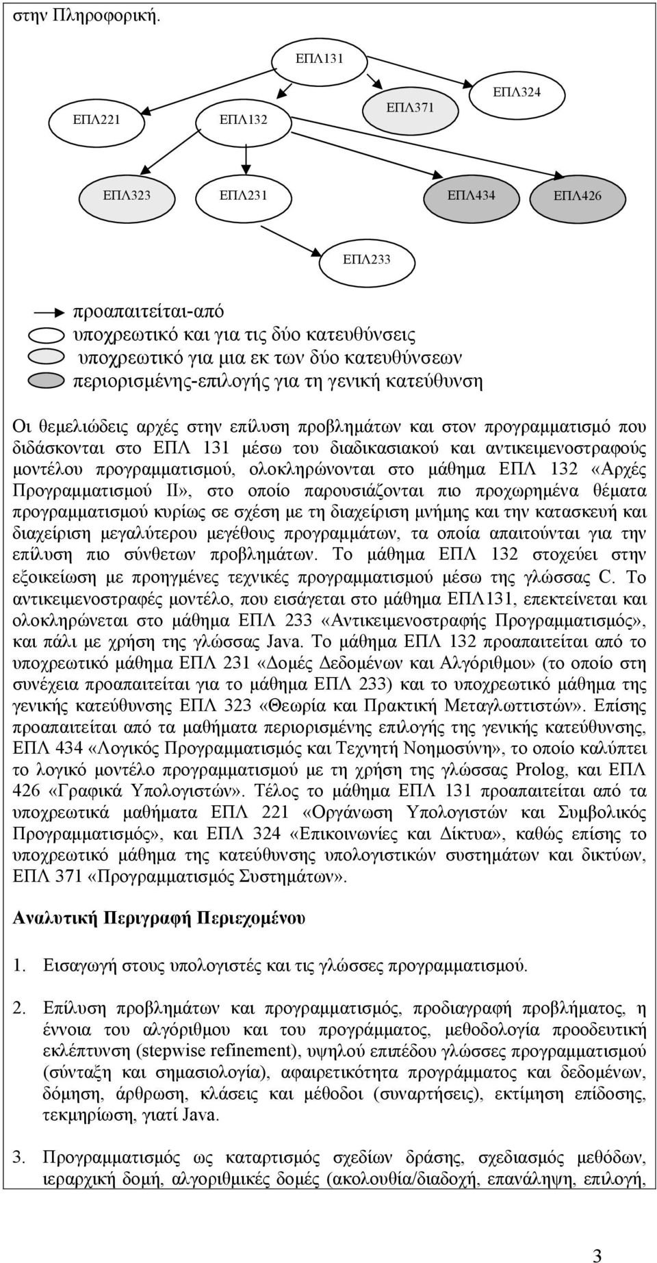 τη γενική κατεύθυνση Οι θεμελιώδεις αρχές στην επίλυση προβλημάτων και στον προγραμματισμό που διδάσκονται στο ΕΠΛ 131 μέσω του διαδικασιακού και αντικειμενοστραφούς μοντέλου προγραμματισμού,