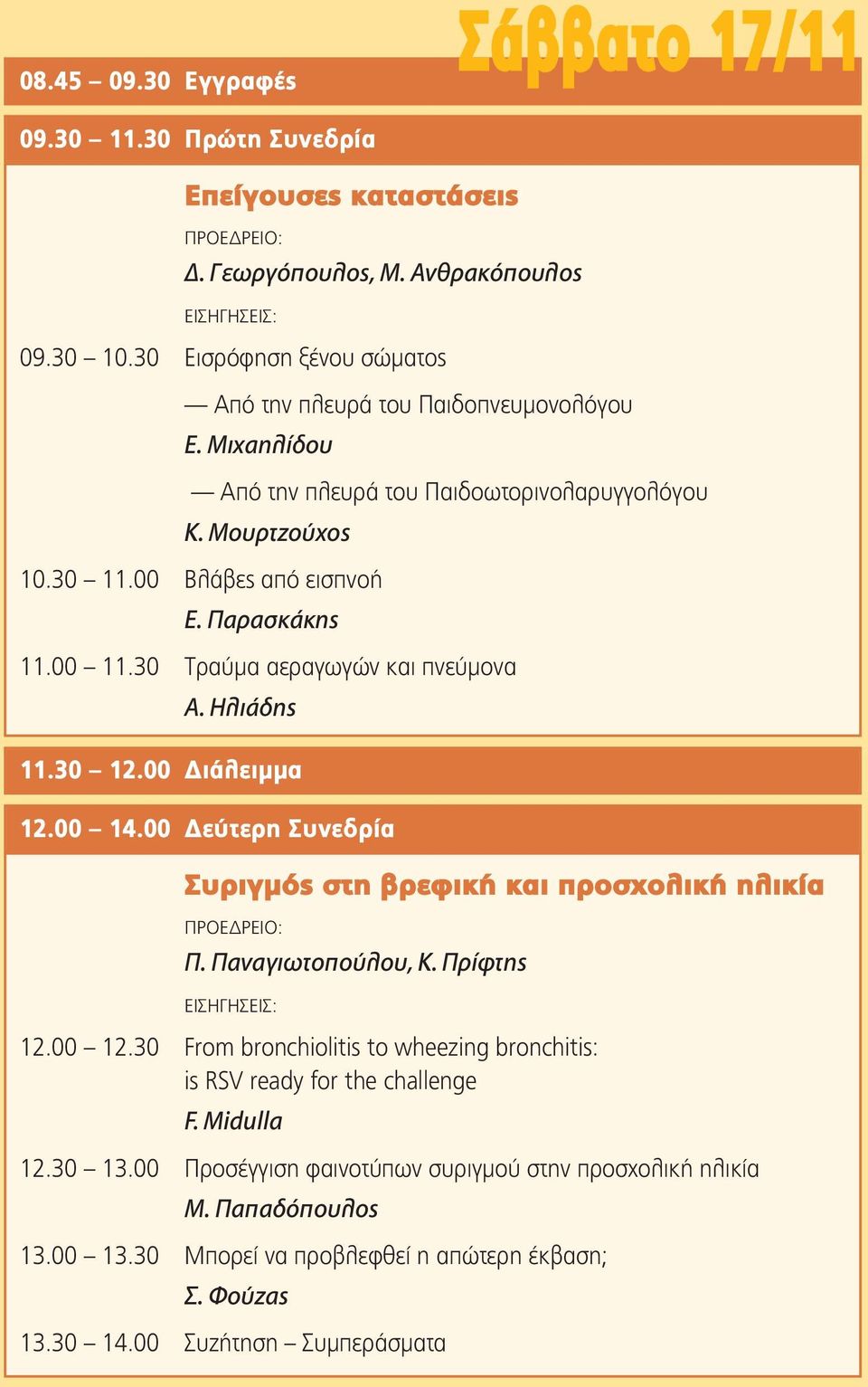30 Τραύμα αεραγωγών και πνεύμονα Α. Ηλιάδης 12.00 14.00 Δεύτερη Συνεδρία Συριγμός στη βρεφική και προσχολική ηλικία ΠΡΟΕΔΡΕΙΟ: Π. Παναγιωτοπούλου, Κ. Πρίφτης EIΣHΓHΣEIΣ: 12.00 12.