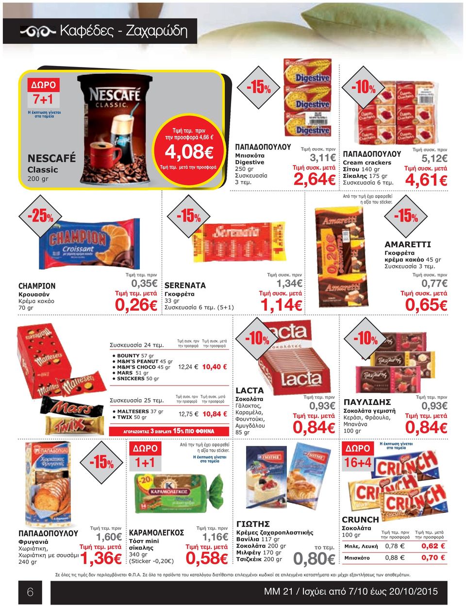 BOUNTY 57 gr M&M'S PEANUT 45 gr M&M'S CHOCO 45 gr MARS 51 gr SNICKERS 50 gr 25 τεµ. MALTESERS 37 gr TWIX 50 gr Τιµή συσκ. πριν 12,24 10,40 Τιµή συσκ. πριν Τιµή συσκ. µετά Τιµή συσκ.
