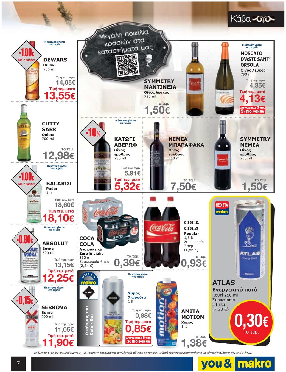 5,91 5,32 7,50 1,50-0,90-0,15 13,15 12,25 18,60 18,10 ABSOLUT Βότκα 700 ml SERKOVA Βότκα 700 ml 11,05 11,90 COCA COLA Αναψυκτικό Zero & Light 330 ml 6 τεµ.