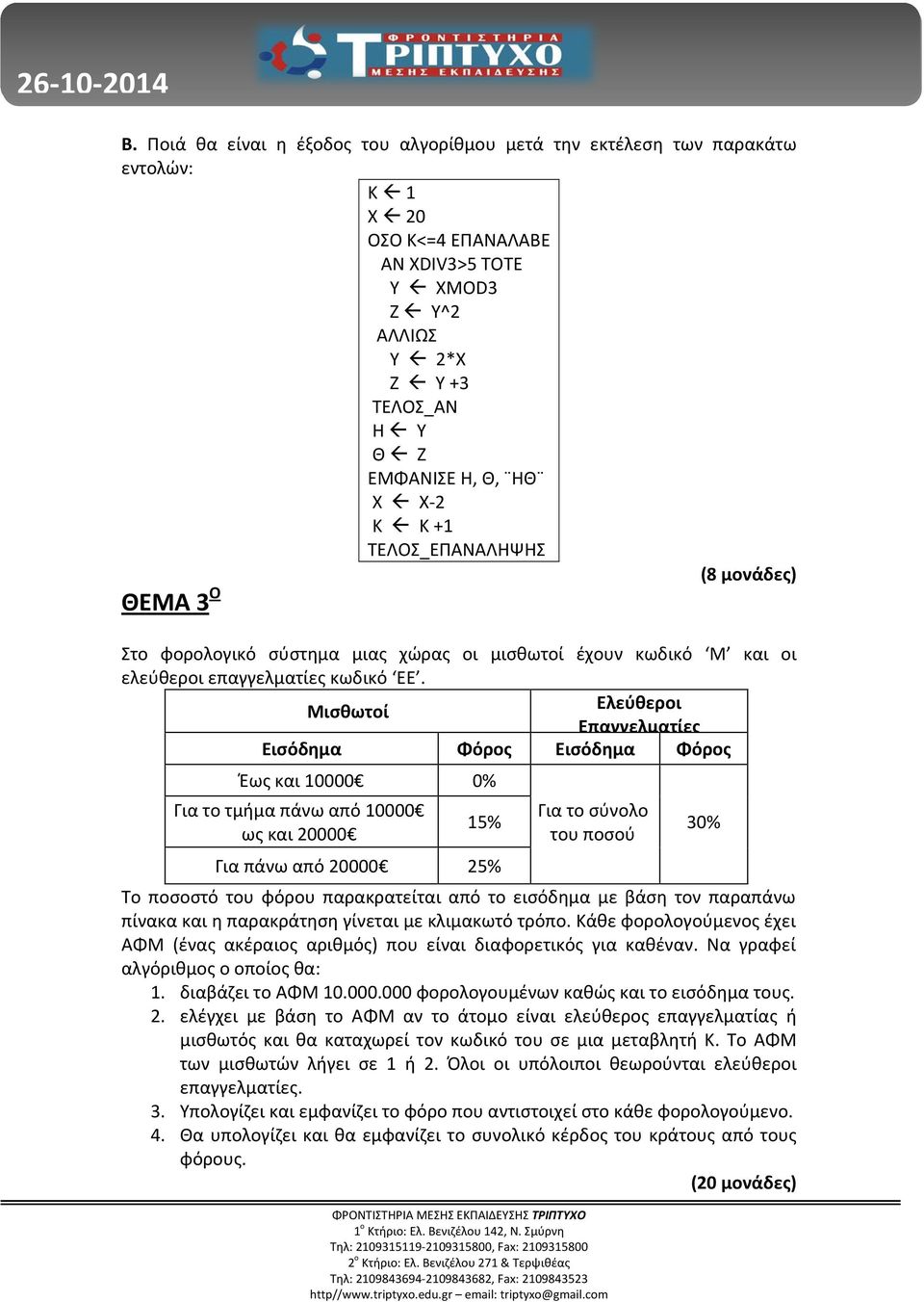 Μισθωτοί Ελεύθεροι Επαγγελματίες Εισόδημα Φόρος Εισόδημα Φόρος Έως και 10000 0% Για το τμήμα πάνω από 10000 ως και 20000 15% Για πάνω από 20000 25% Για το σύνολο του ποσού Το ποσοστό του φόρου