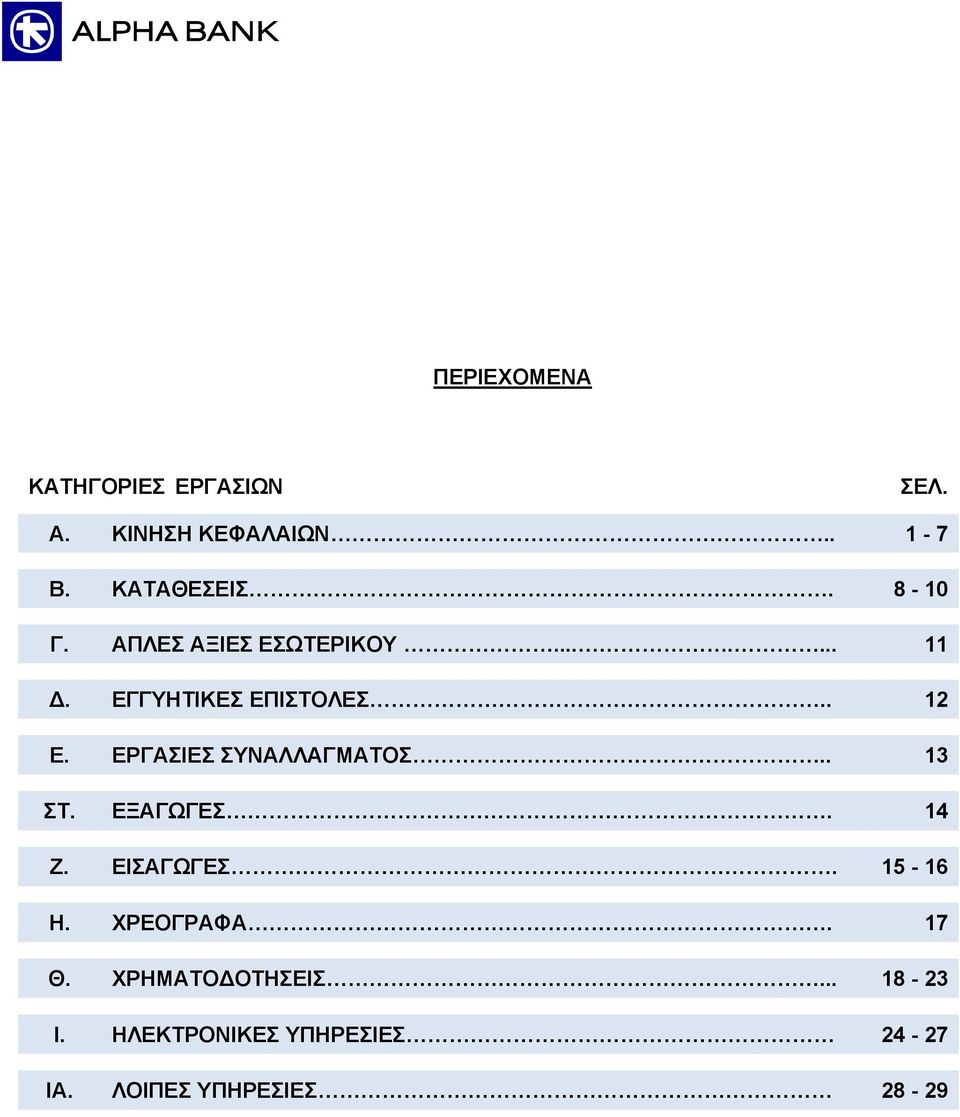 ΕΡΓΑΣΙΕΣ ΣΥΝΑΛΛΑΓΜΑΤΟΣ.. 13 ΣΤ. ΕΞΑΓΩΓΕΣ. 14 Ζ. ΕΙΣΑΓΩΓΕΣ. 15-16 Η. ΧΡΕΟΓΡΑΦΑ.