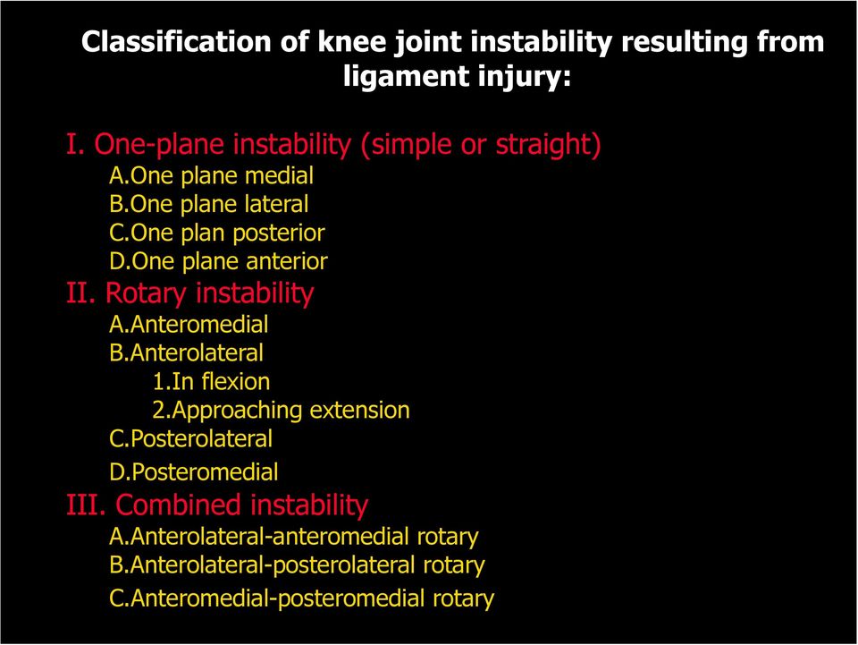 One plane anterior II. Rotary instability A.Anteromedial B.Anterolateral 1.In flexion 2.Approaching extension C.