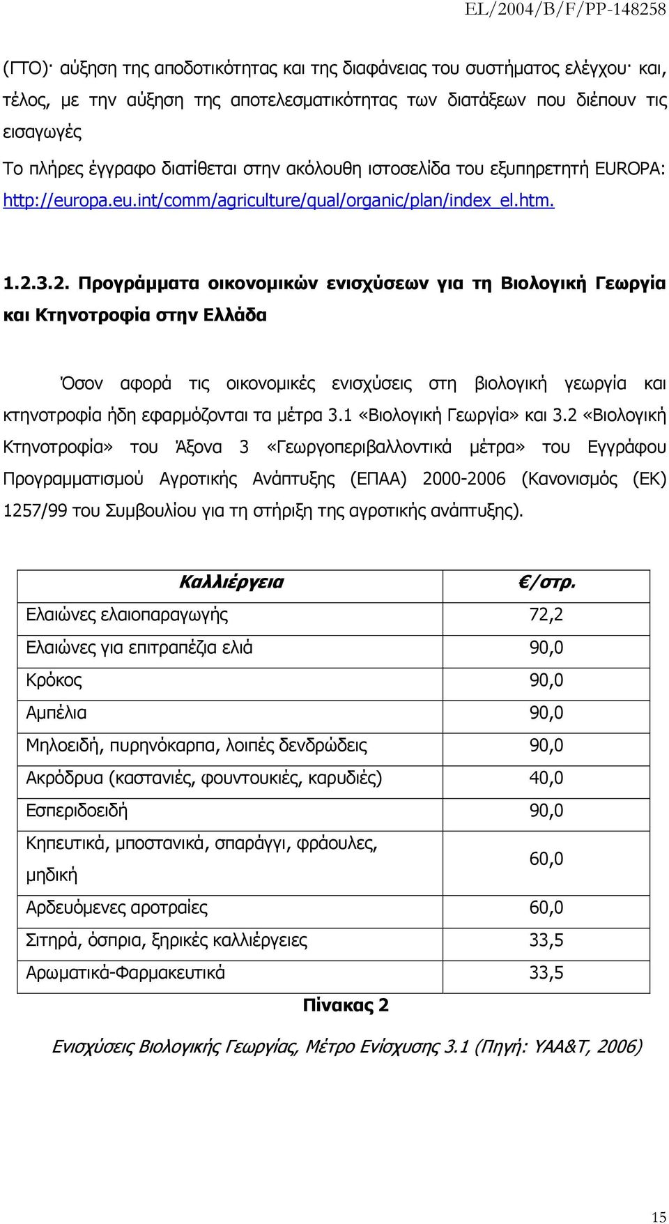 3.2. Προγράμματα οικονομικών ενισχύσεων για τη Βιολογική Γεωργία και Κτηνοτροφία στην Ελλάδα Όσον αφορά τις οικονομικές ενισχύσεις στη βιολογική γεωργία και κτηνοτροφία ήδη εφαρμόζονται τα μέτρα 3.