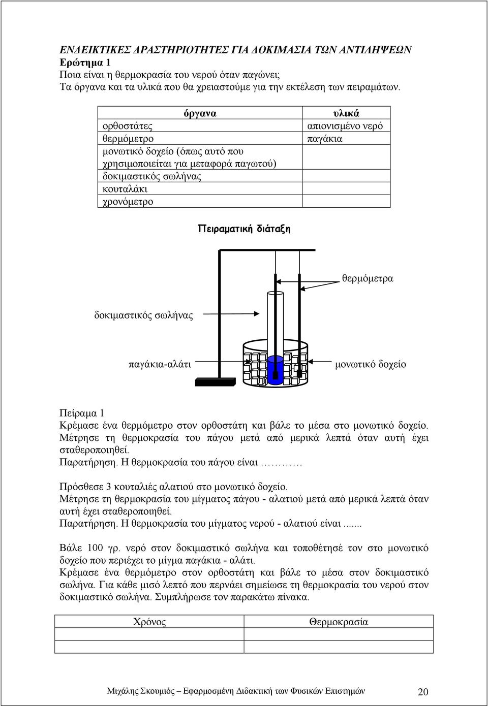 θερµόµετρα δοκιµαστικός σωλήνας παγάκια-αλάτι µονωτικό δοχείο Πείραµα 1 Κρέµασε ένα θερµόµετρο στον ορθοστάτη και βάλε το µέσα στο µονωτικό δοχείο.