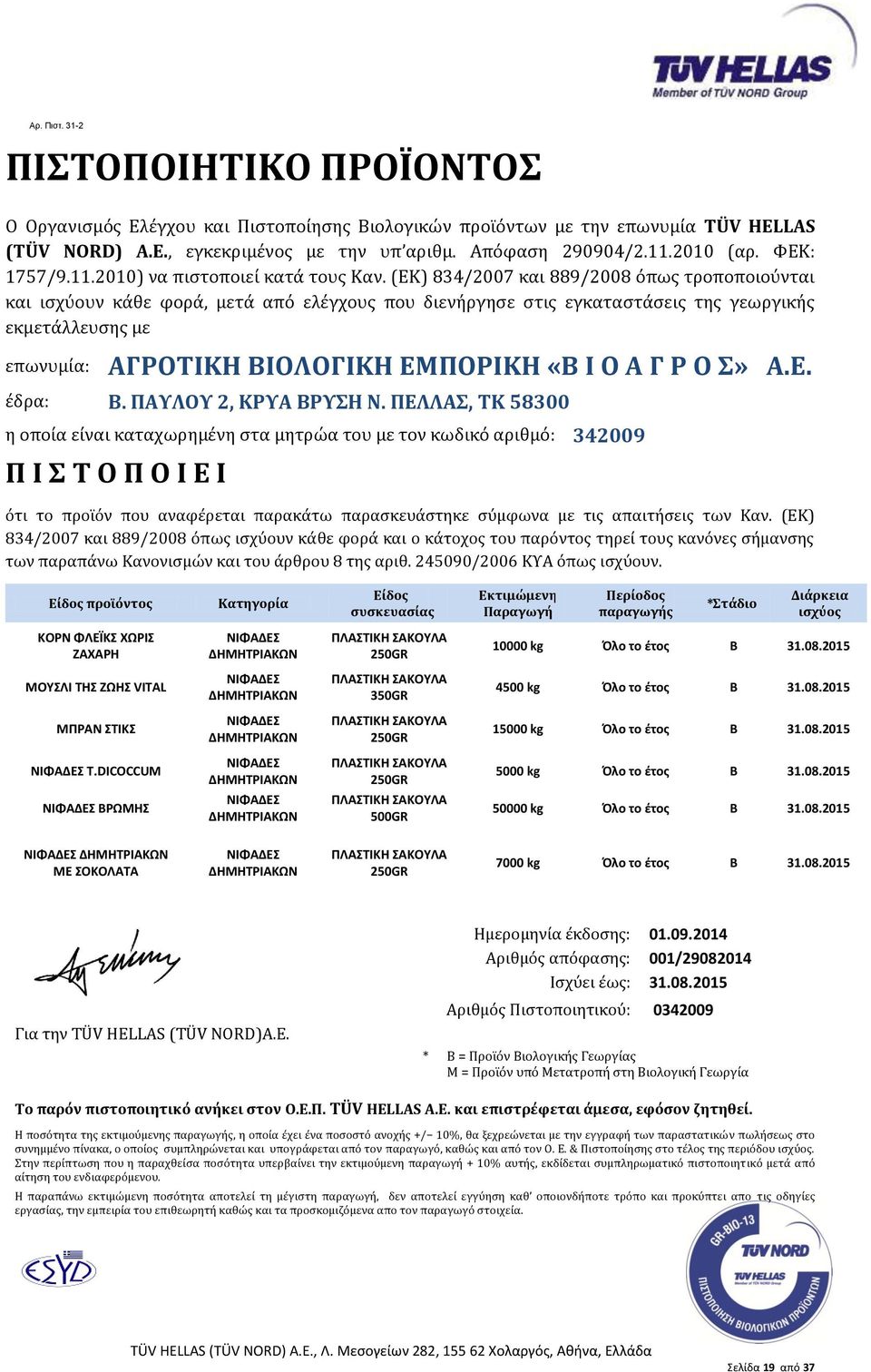 08.2015 T.DICOCCUM 5000 kg Όλο το έτος Β 31.08.2015 ΒΡΩΜHΣ 50000 kg Όλο το έτος Β 31.