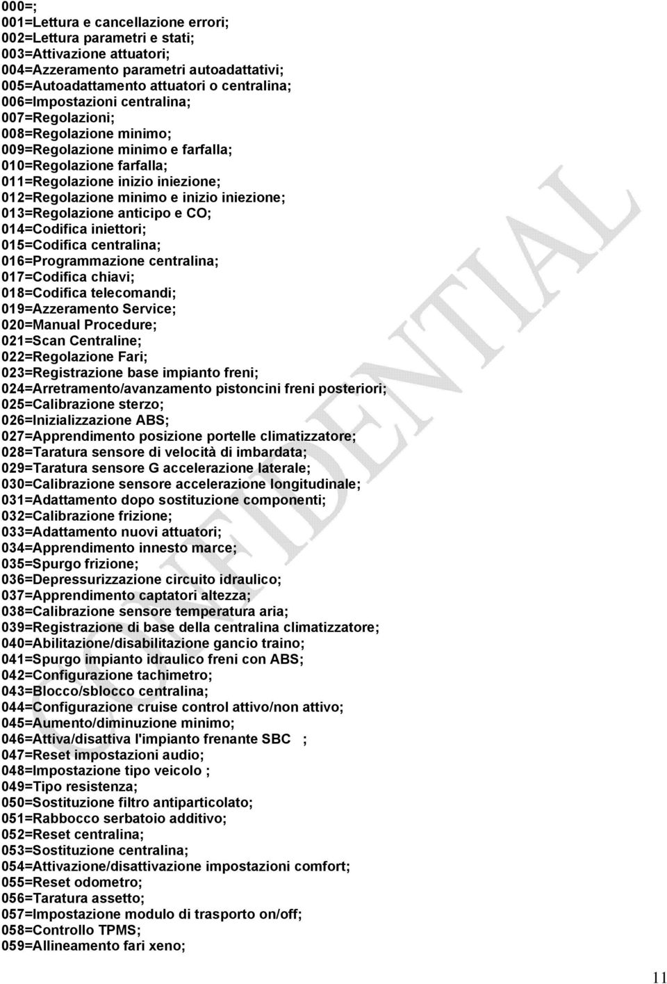 013=Regolazione anticipo e CO; 014=Codifica iniettori; 015=Codifica centralina; 016=Programmazione centralina; 017=Codifica chiavi; 018=Codifica telecomandi; 019=Azzeramento Service; 020=Manual