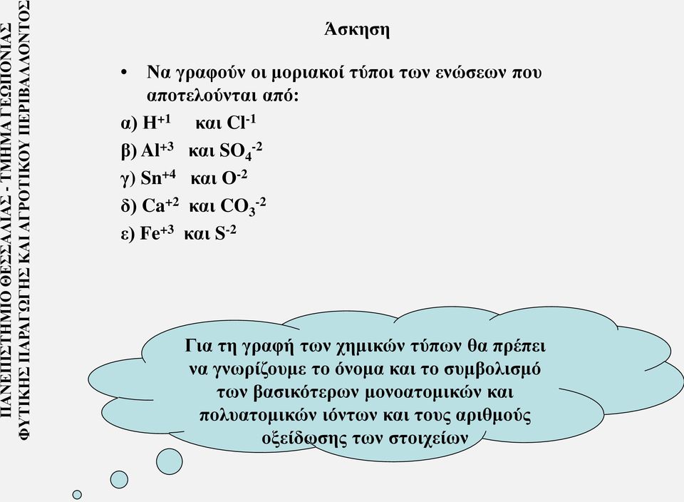 δ) Ca +2 και CO -2 3 ε) Fe +3 και S -2 Για τη γραφή των χημικών τύπων θα πρέπει να γνωρίζουμε το όνομα και