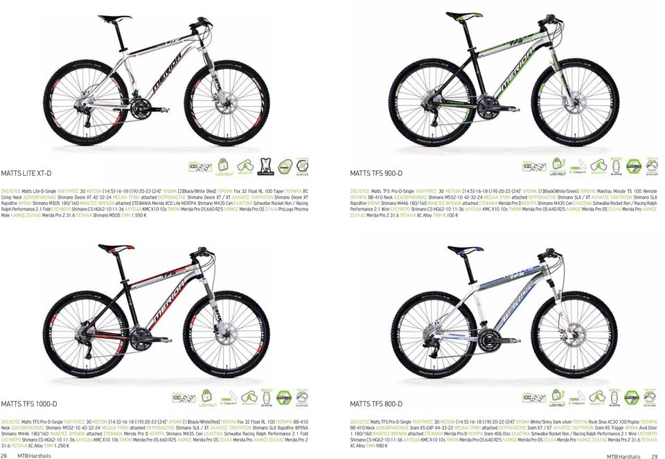 XT / XT ΑΛΛΑΓΕΣ ΤΑΧΥΤΗΤΩΝ Shimano Deore XT Rapidfire ΦΡΕΝΑ Shimano M505 180/160 ΜΑΝΕΤΕΣ ΦΡΕΝΩΝ attached ΣΤΕΦΑΝΙΑ Merida XCD Lite ΚΕΝΤΡΑ Shimano M435 Cen ΕΛΑΣΤΙΚΑ Schwalbe Rocket Ron / Racing Ralph