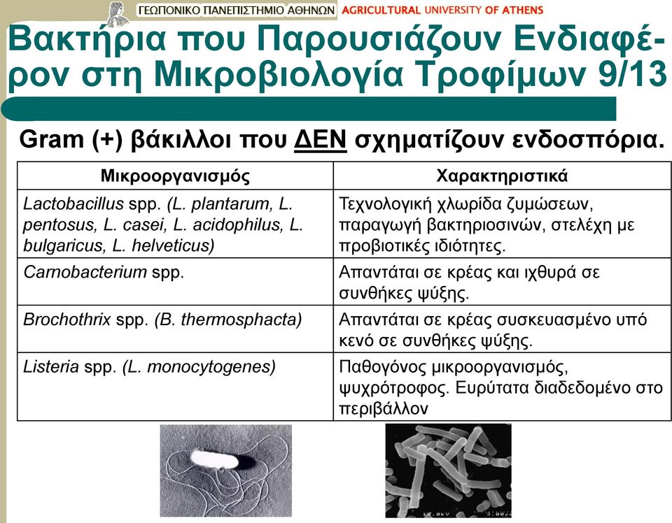 monocytogenes) Τεχνολογική χλωρίδα ζυμώσεων, παραγωγή βακτηριοσινών, στελέχη με προβιοτικές ιδιότητες.