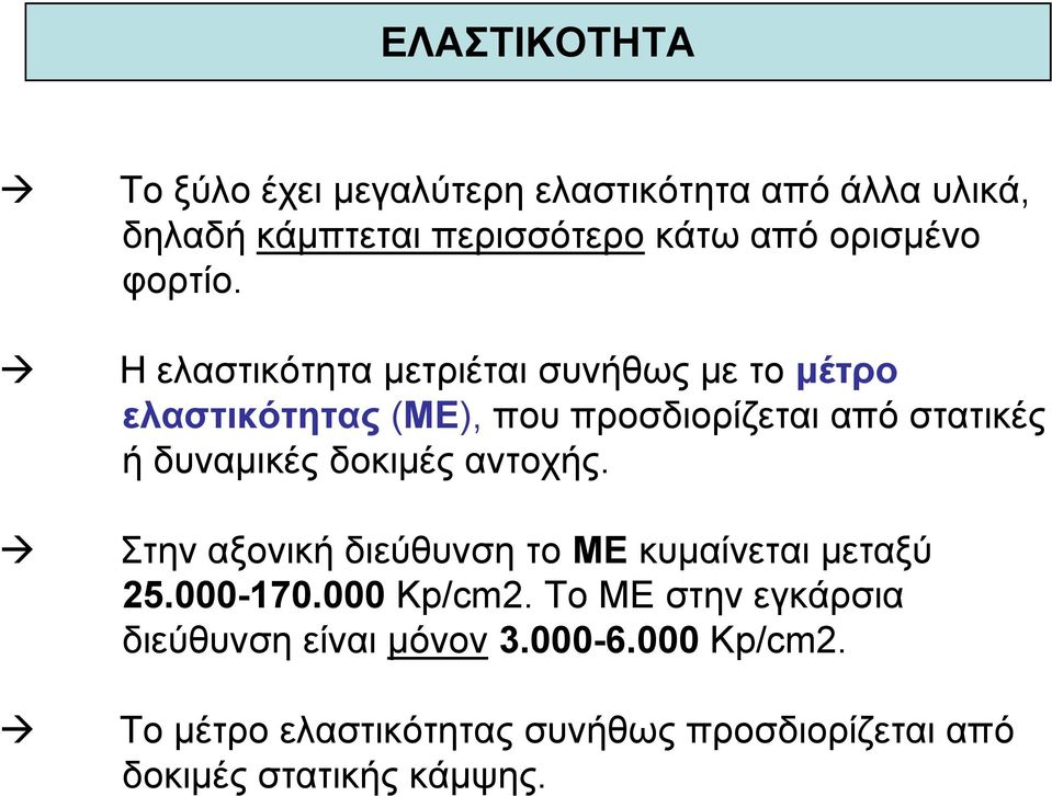 Η ελαστικότητα µετριέται συνήθως µε το µέτρο ελαστικότητας (ΜΕ), που προσδιορίζεται από στατικές ή δυναµικές