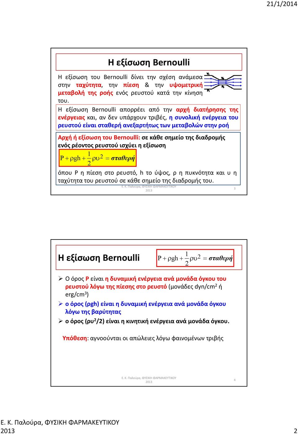 Bernoulli: σε κάθε σημείο της διαδρομής ενός ρέοντος ρευστού ισχύει η εξίσωση P gh σταθερή όπου P η πίεση στο ρευστό, hτο ύψος, ρηπυκνότητακαιυη ταχύτητα του ρευστού σε κάθε σημείο της διαδρομής του.