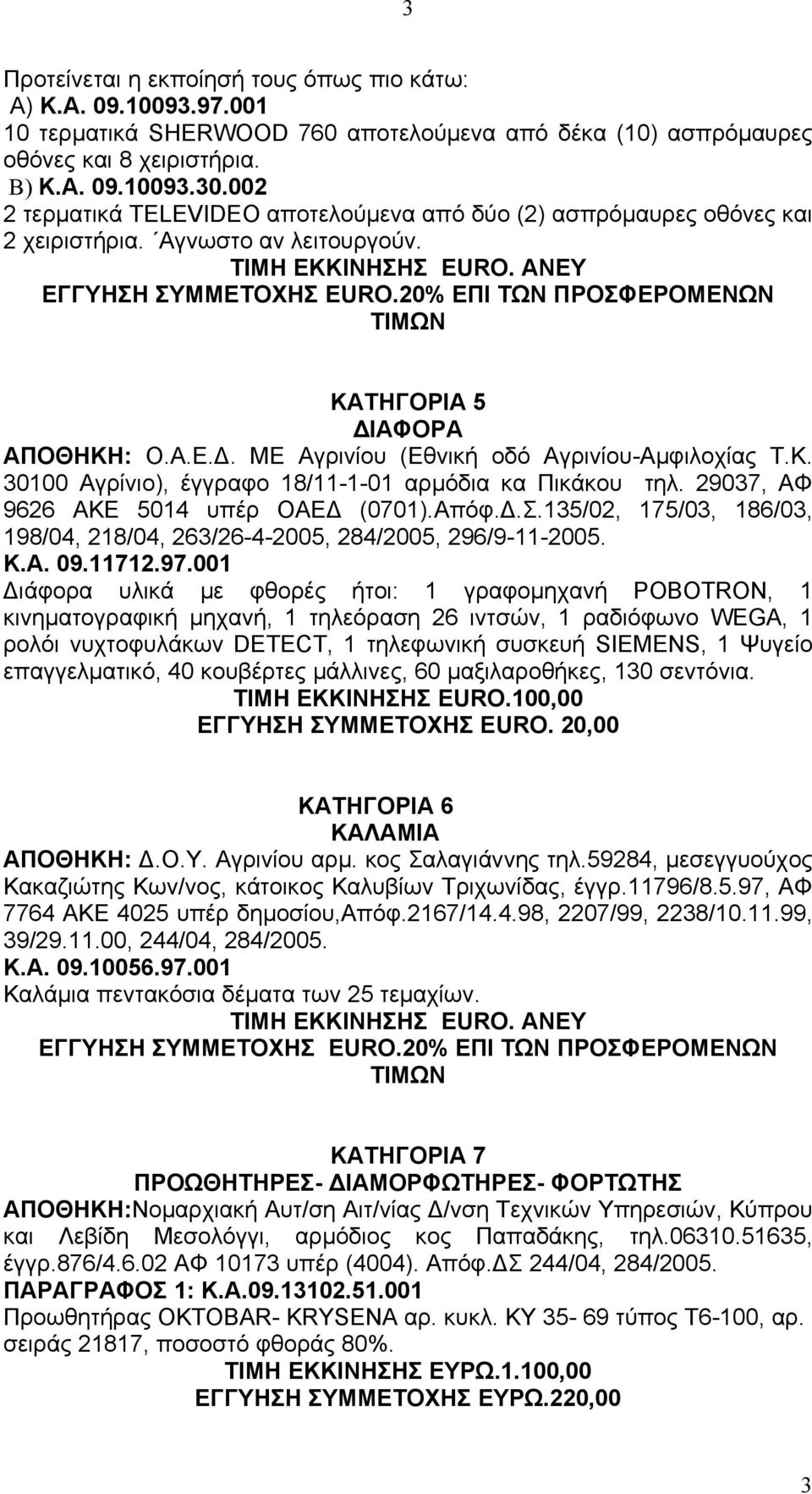 20% ΕΠΙ ΤΩΝ ΠΡΟΣΦΕΡΟΜΕΝΩΝ ΤΙΜΩΝ ΚΑΤΗΓΟΡΙΑ 5 ΑΠΟΘΗΚΗ: Ο.Α.Ε.. ΜΕ Αγρινίου (Εθνική οδό Αγρινίου-Αµφιλοχίας Τ.Κ. 30100 Αγρίνιο), έγγραφο 18/11-1-01 αρµόδια κα Πικάκου τηλ.