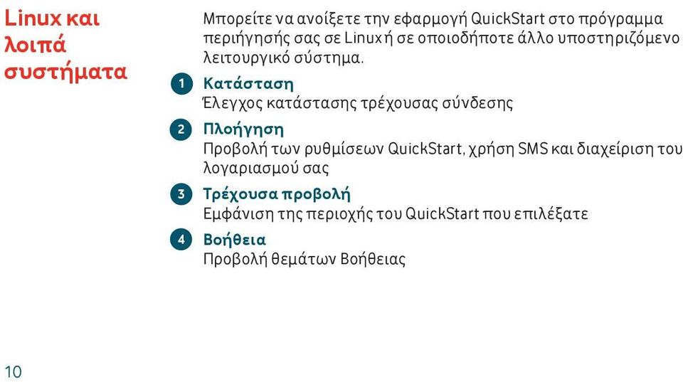 Κατάσταση Έλεγχος κατάστασης τρέχουσας σύνδεσης Πλοήγηση Προβολή των ρυθμίσεων QuickStart, χρήση SMS