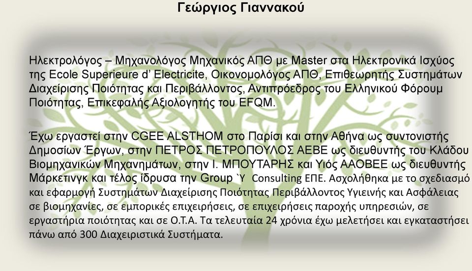 Έχω εργαστεί στην CGEE ALSTHOM στο Παρίσι και στην Αθήνα ως συντονιστής Δημοσίων Έργων, στην ΠΕΤΡΟΣ ΠΕΤΡΟΠΟΥΛΟΣ ΑΕΒΕ ως διευθυντής του Κλάδου Βιομηχανικών Μηχανημάτων, στην Ι.