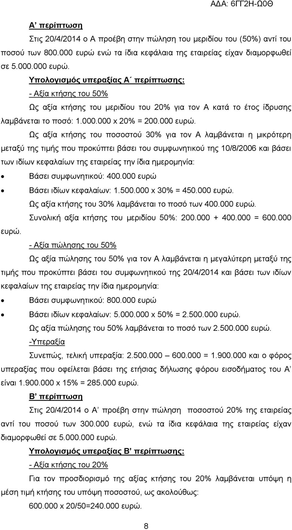 Τπολογιζμόρ ςπεπαξίαρ Α πεπίπηωζηρ: - Αμία θηήζεο ηνπ 50% Ωο αμία θηήζεο ηνπ κεξηδίνπ ηνπ 20% γηα ηνλ Α θαηά ην έηνο ίδξπζεο ιακβάλεηαη ην πνζφ: 1.000.000 x 20% = 200.000 επξψ.