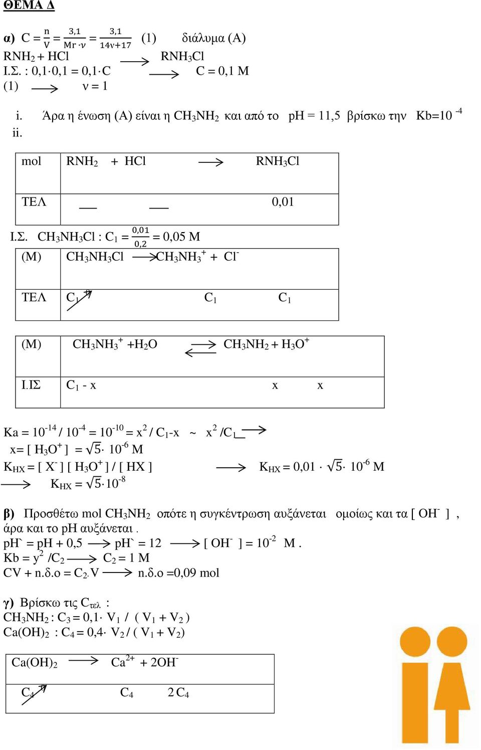 ΙΣ C 1 - x x x Ka = 10-14 / 10-4 = 10-10 = x 2 / C 1 -x ~ x 2 /C 1 x= [ H 3 O ] = 5 10-6 M K HX = [ X - ] [ H 3 O ] / [ HX ] K HX = 5 10-8 K HX = 0,01 5 10-6 M β) Προσθέτω mol CH 3 NH 2 οπότε η