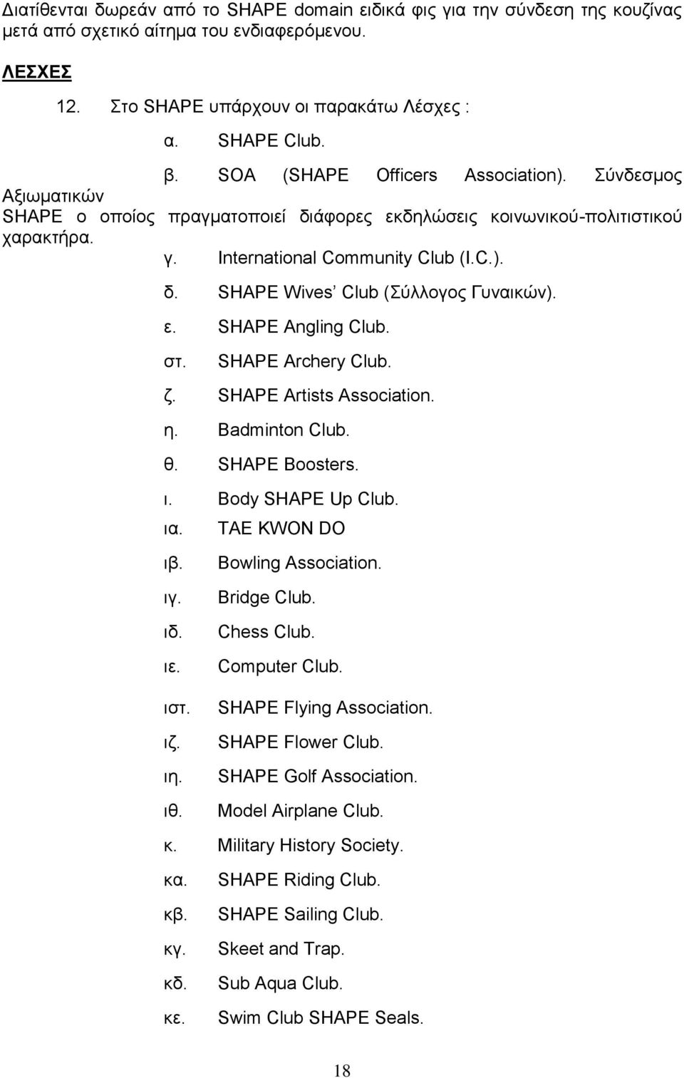 ε. SHAPE Angling Club. στ. SHAPE Archery Club. ζ. SHAPE Artists Association. η. Badminton Club. θ. SHAPE Boosters. ι. Body SHAPE Up Club. ια. TAE KWON DO ιβ. ιγ. ιδ. ιε. ιστ. ιζ. ιη. ιθ.