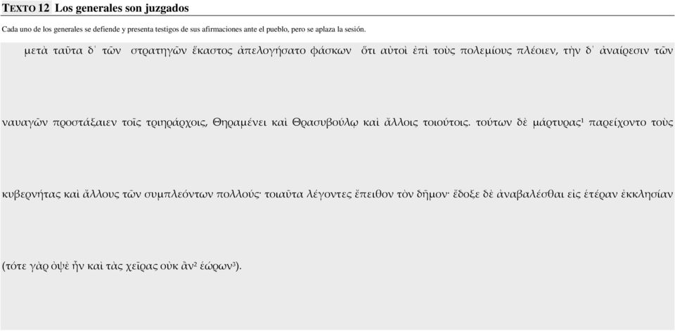 μετὰ ταῦτα δ τῶν στρατηγῶν ἕκαστος ἀπελογήσατο φάσκων ὅτι αὐτοὶ ἐπὶ τοὺς πολεμίους πλέοιεν, τὴν δ ἀναίρεσιν τῶν ναυαγῶν προστάξαιεν τοῖς