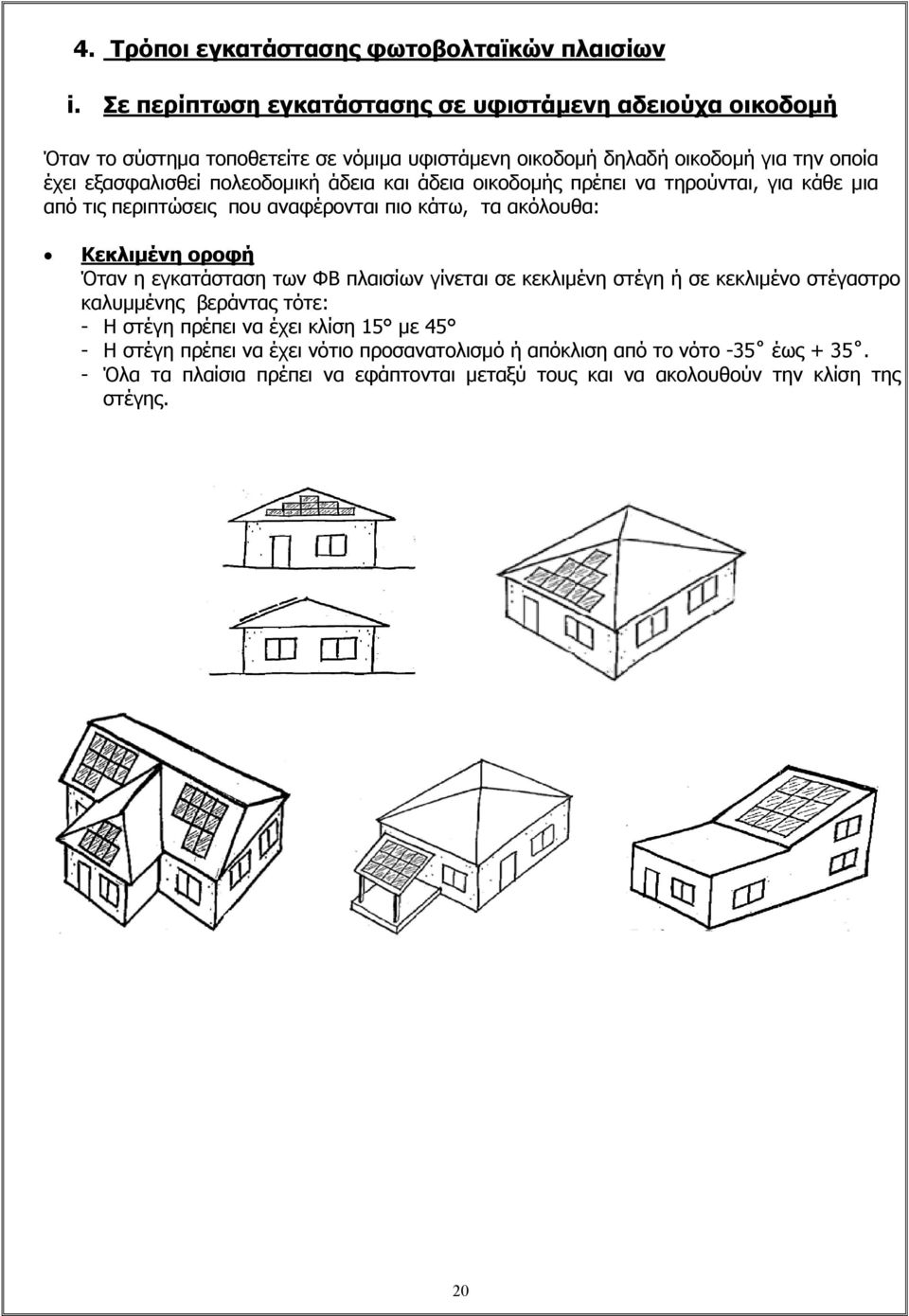 πολεοδομική άδεια και άδεια οικοδομής πρέπει να τηρούνται, για κάθε μια από τις περιπτώσεις που αναφέρονται πιο κάτω, τα ακόλουθα: Κεκλιμένη οροφή Όταν η εγκατάσταση των