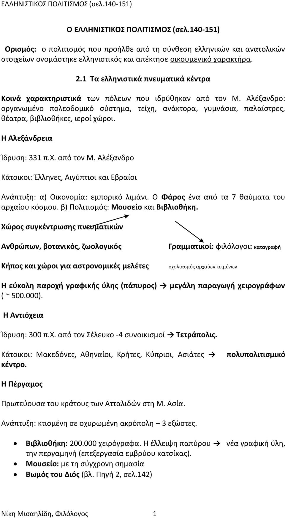 Αλέξανδρο: οργανωμένο πολεοδομικό σύστημα, τείχη, ανάκτορα, γυμνάσια, παλαίστρες, θέατρα, βιβλιοθήκες, ιεροί χώροι. Η Αλεξάνδρεια Ίδρυση: 331 π.χ. από τον Μ.