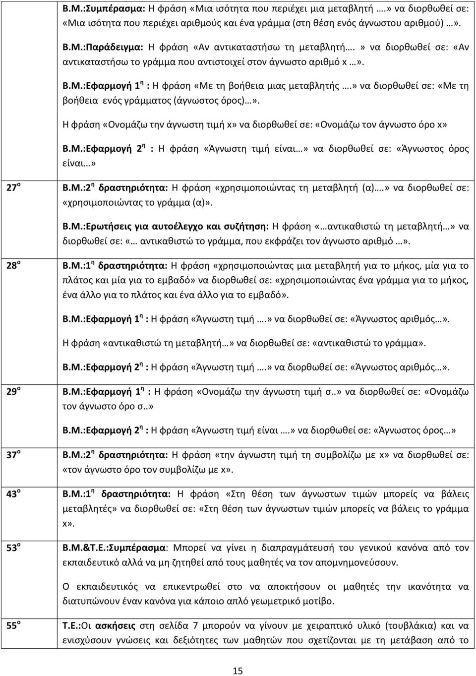 » να διορθωθεί σε: «Με τη βοήθεια ενός γράμματος (άγνωστος όρος)». Η φράση «Ονομάζω την άγνωστη τιμή x» να διορθωθεί σε: «Ονομάζω τον άγνωστο όρο x» Β.Μ.:Εφαρμογή 2 η είναι» : Η φράση «Άγνωστη τιμή είναι» να διορθωθεί σε: «Άγνωστος όρος 27 ο Β.