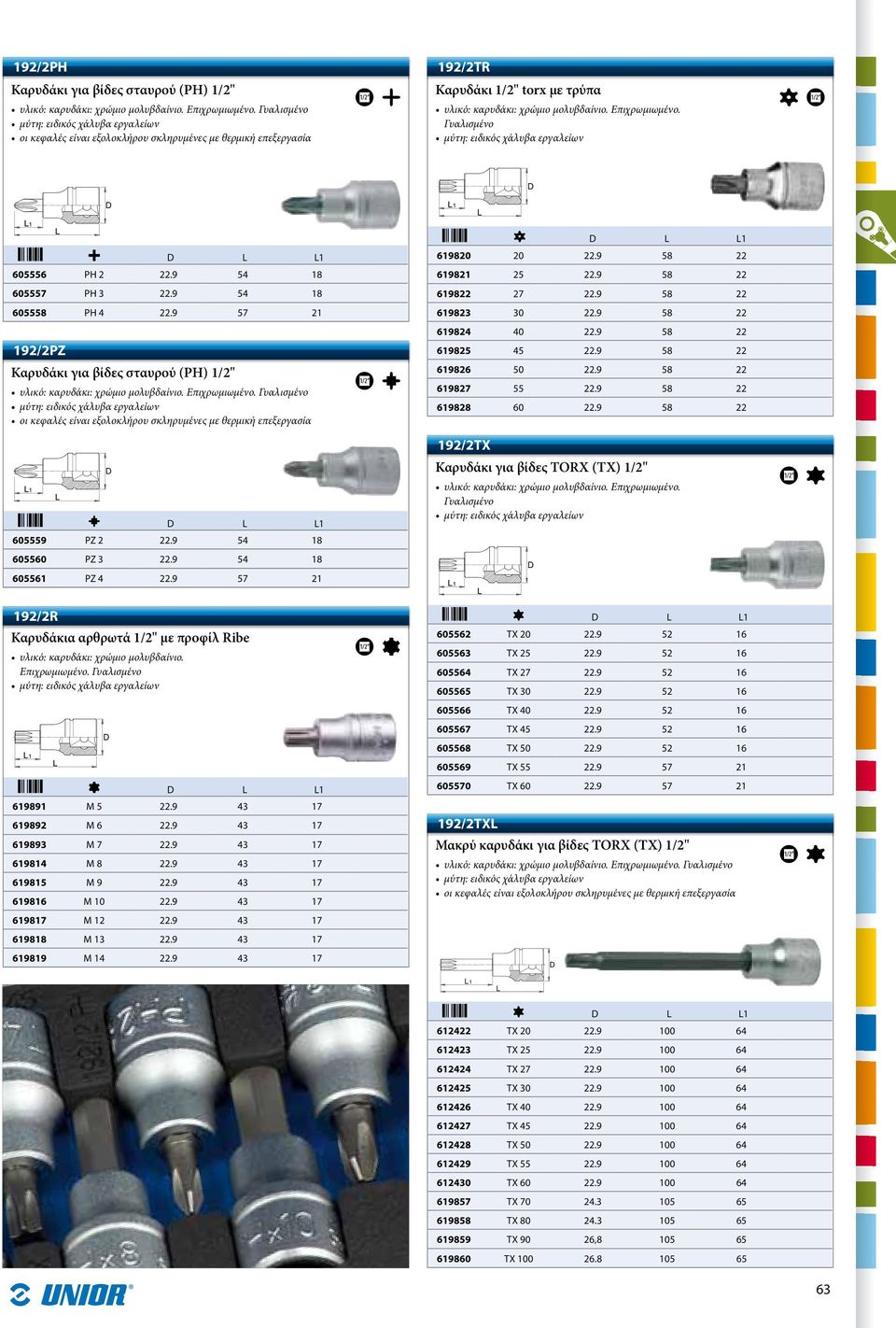 9 54 18 605560 PZ 3 22.9 54 18 605561 PZ 4 22.9 57 21 192/2R Καρυδάκια αρθρωτά 1/2" με προφίλ Ribe υλικό: καρυδάκι: χρώμιο μολυβδαίνιο. Επιχρωμιωμένο. Γυαλισμένο D 1 619891 M 5 22.