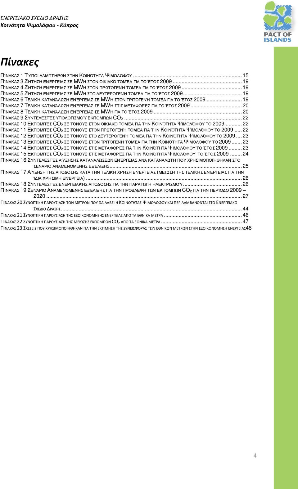 .. 19 ΠΊΝΑΚΑΣ 6 ΤΕΛΙΚΉ ΚΑΤΑΝΆΛΩΣΗ ΕΝΈΡΓΕΙΑΣ ΣΕ MWH ΣΤΟΝ ΤΡΙΤΟΓΕΝΉ ΤΟΜΈΑ ΓΙΑ ΤΟ ΈΤΟΣ 2009... 19 ΠΊΝΑΚΑΣ 7 ΤΕΛΙΚΉ ΚΑΤΑΝΆΛΩΣΗ ΕΝΈΡΓΕΙΑΣ ΣΕ MWH ΣΤΙΣ ΜΕΤΑΦΟΡΈΣ ΓΙΑ ΤΟ ΈΤΟΣ 2009.