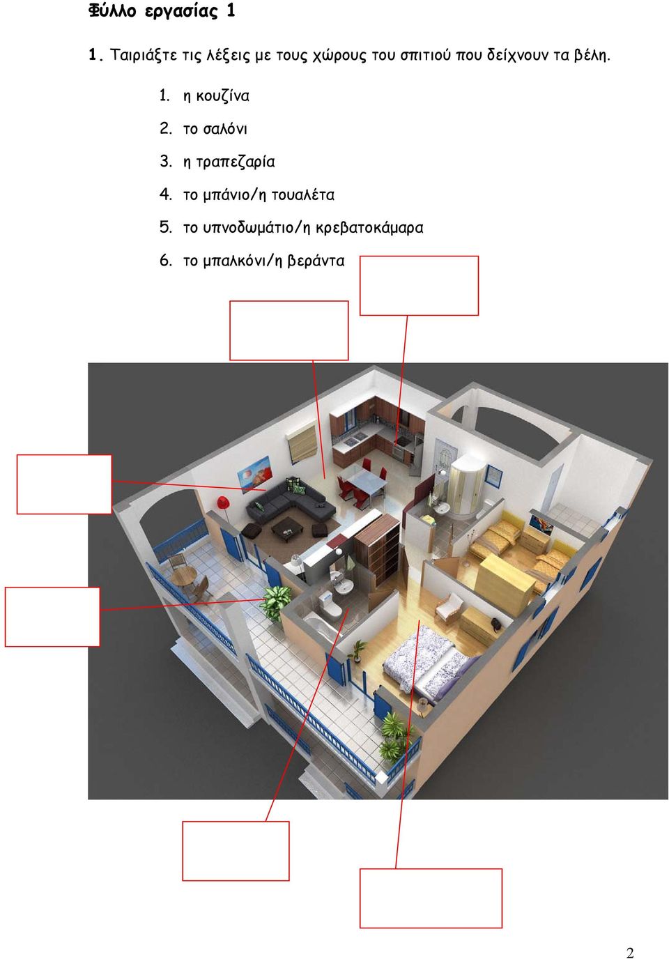 δείχνουν τα βέλη. 1. η κουζίνα 2. το σαλόνι 3.