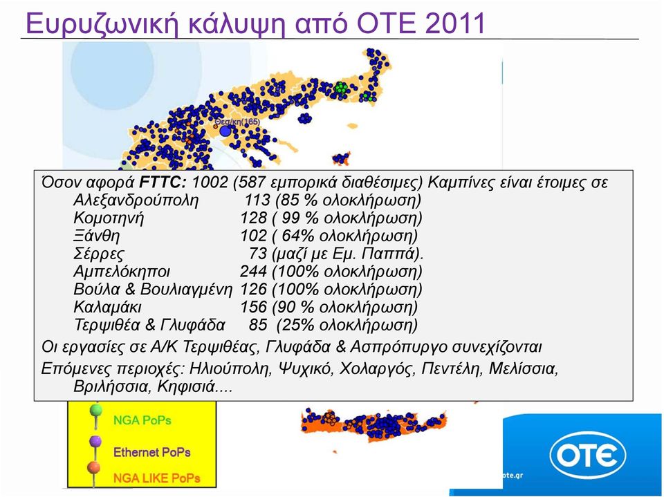Αμπελόκηποι 244 (100% ολοκλήρωση) Βούλα & Βουλιαγμένη 126 (100% ολοκλήρωση) Καλαμάκι 156 (90 % ολοκλήρωση) Τερψιθέα & Γλυφάδα 85