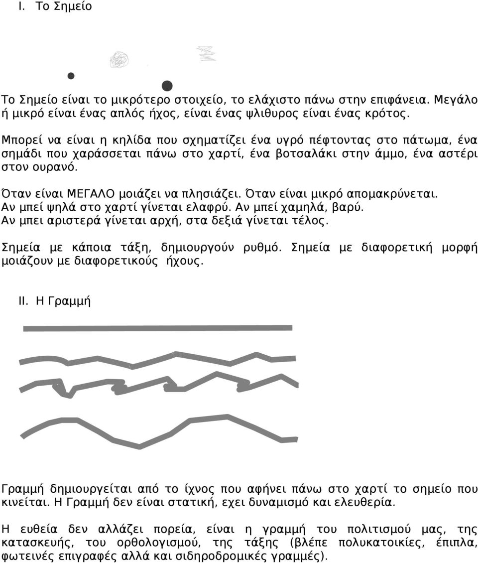 Όταν είναι ΜΕΓΑΛΟ μοιάζει να πλησιάζει. Όταν είναι μικρό απομακρύνεται. Αν μπεί ψηλά στο χαρτί γίνεται ελαφρύ. Αν μπεί χαμηλά, βαρύ. Αν μπει αριστερά γίνεται αρχή, στα δεξιά γίνεται τέλος.