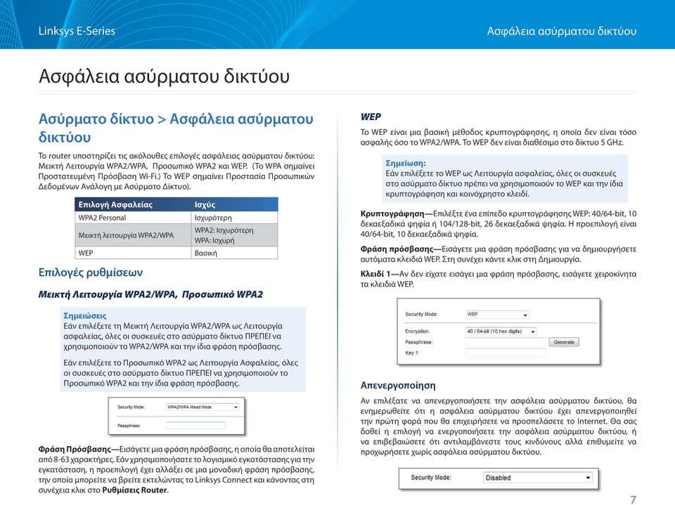 Επιλογή Ασφαλείας WPA2 Personal Μεικτή λειτουργία WPA2/WPA WEP Επιλογές ρυθμίσεων Ισχύς Ισχυρότερη WPA2: Ισχυρότερη WPA: Ισχυρή Βασική Μεικτή Λειτουργία WPA2/WPA, Προσωπικό WPA2 WEP Το WEP είναι μια