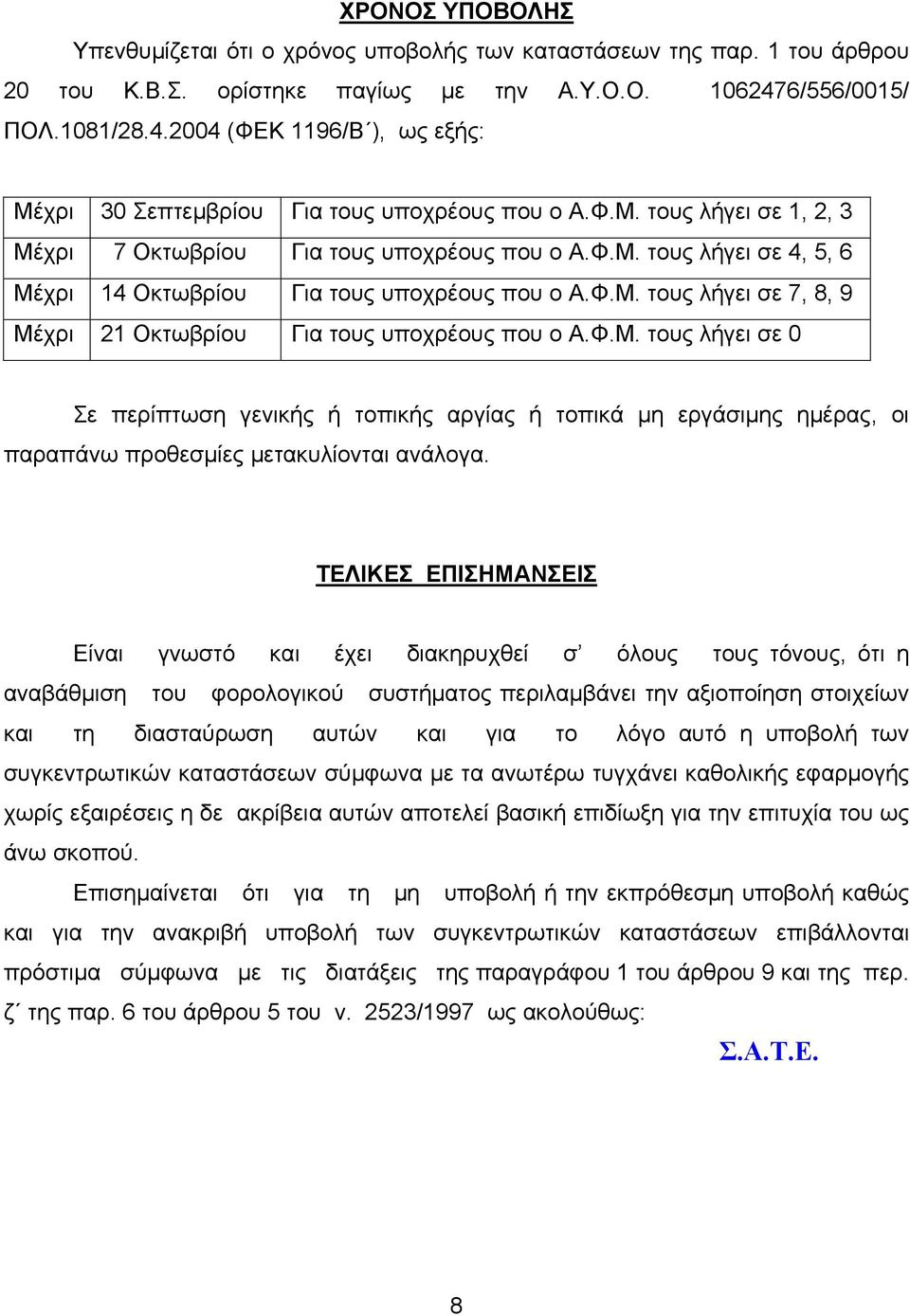 Φ.Μ. τους λήγει σε 7, 8, 9 Μέχρι 21 Οκτωβρίου Για τους υποχρέους που ο Α.Φ.Μ. τους λήγει σε 0 Σε περίπτωση γενικής ή τοπικής αργίας ή τοπικά μη εργάσιμης ημέρας, οι παραπάνω προθεσμίες μετακυλίονται ανάλογα.