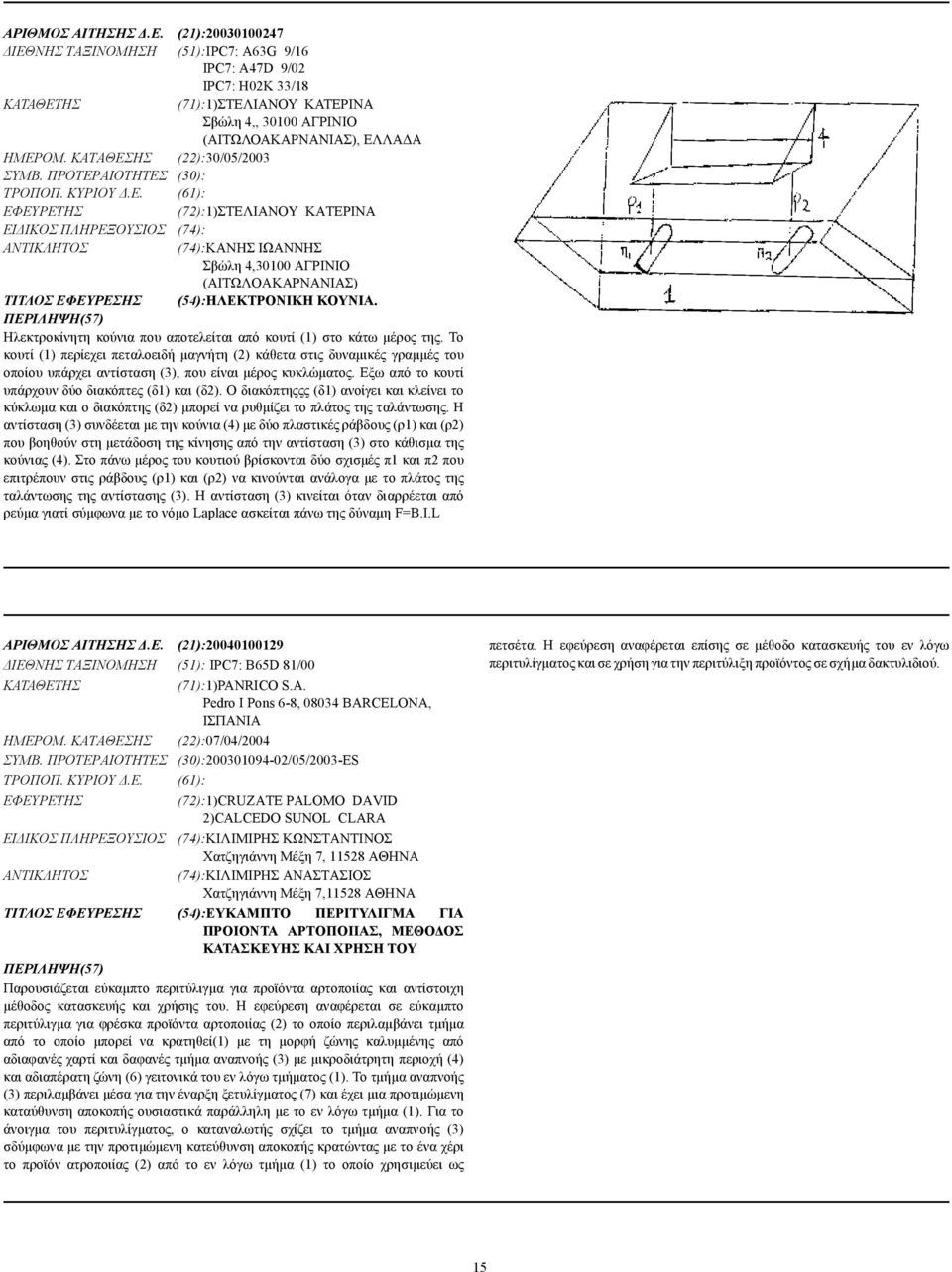 ΚΑΤΑΘΕΣΗΣ (22):30/05/2003 ΣΥΜΒ. ΠΡΟΤΕΡΑΙΟΤΗΤΕΣ (30): ΤΡΟΠΟΠ. ΚΥΡΙΟΥ.Ε. (61): (72):1)ΣΤΕΛΙΑΝΟΥ ΚΑΤΕΡΙΝΑ ΕΙ ΙΚΟΣ ΠΛΗΡΕΞΟΥΣΙΟΣ (74): (74):ΚΑΝΗΣ ΙΩΑΝΝΗΣ Σβώλη 4,30100 ΑΓΡΙΝΙΟ (ΑΙΤΩΛΟΑΚΑΡΝΑΝΙΑΣ) ΤΙΤΛΟΣ ΕΦΕΥΡΕΣΗΣ (54):ΗΛΕΚΤΡΟΝΙΚΗ ΚΟΥΝΙΑ.