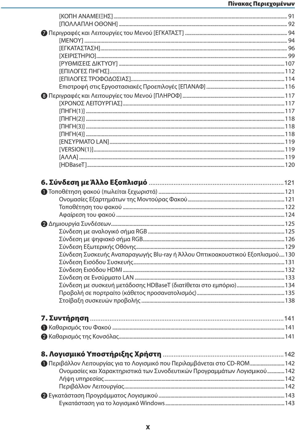 ..117 [ΠΗΓΗ(1)]...117 [ΠΗΓΗ(2)]...118 [ΠΗΓΗ(3)]...118 [ΠΗΓΗ(4)]...118 [ΕΝΣΥΡΜΑΤΟ LAN]...119 [VERSION(1)]...119 [ΑΛΛΑ]...119 [HDBaseT]...120 6. Σύνδεση με Άλλο Εξοπλισμό.