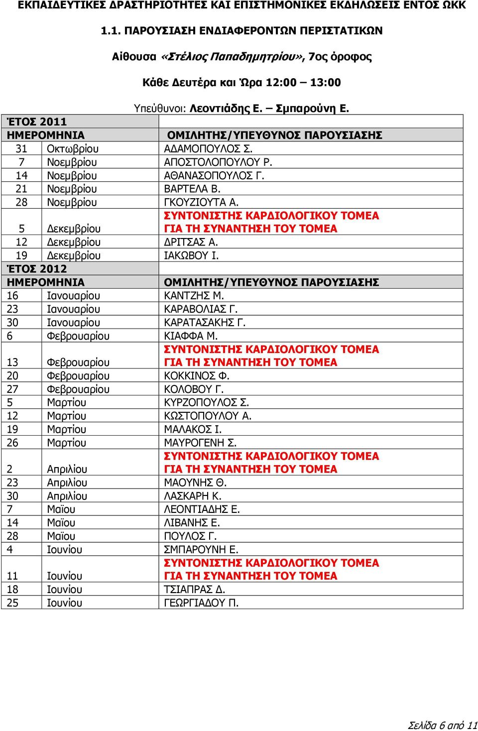 ΈΤΟΣ 2011 ΗΜΕΡΟΜΗΝΙΑ ΟΜΙΛΗΤΗΣ/ΥΠΕΥΘΥΝΟΣ ΠΑΡΟΥΣΙΑΣΗΣ 31 Οκτωβρίου ΑΔΑΜΟΠΟΥΛΟΣ Σ. 7 Νοεμβρίου ΑΠΟΣΤΟΛΟΠΟΥΛΟΥ Ρ. 14 Νοεμβρίου ΑΘΑΝΑΣΟΠΟΥΛΟΣ Γ. 21 Νοεμβρίου ΒΑΡΤΕΛΑ Β. 28 Νοεμβρίου ΓΚΟΥΖΙΟΥΤΑ Α.