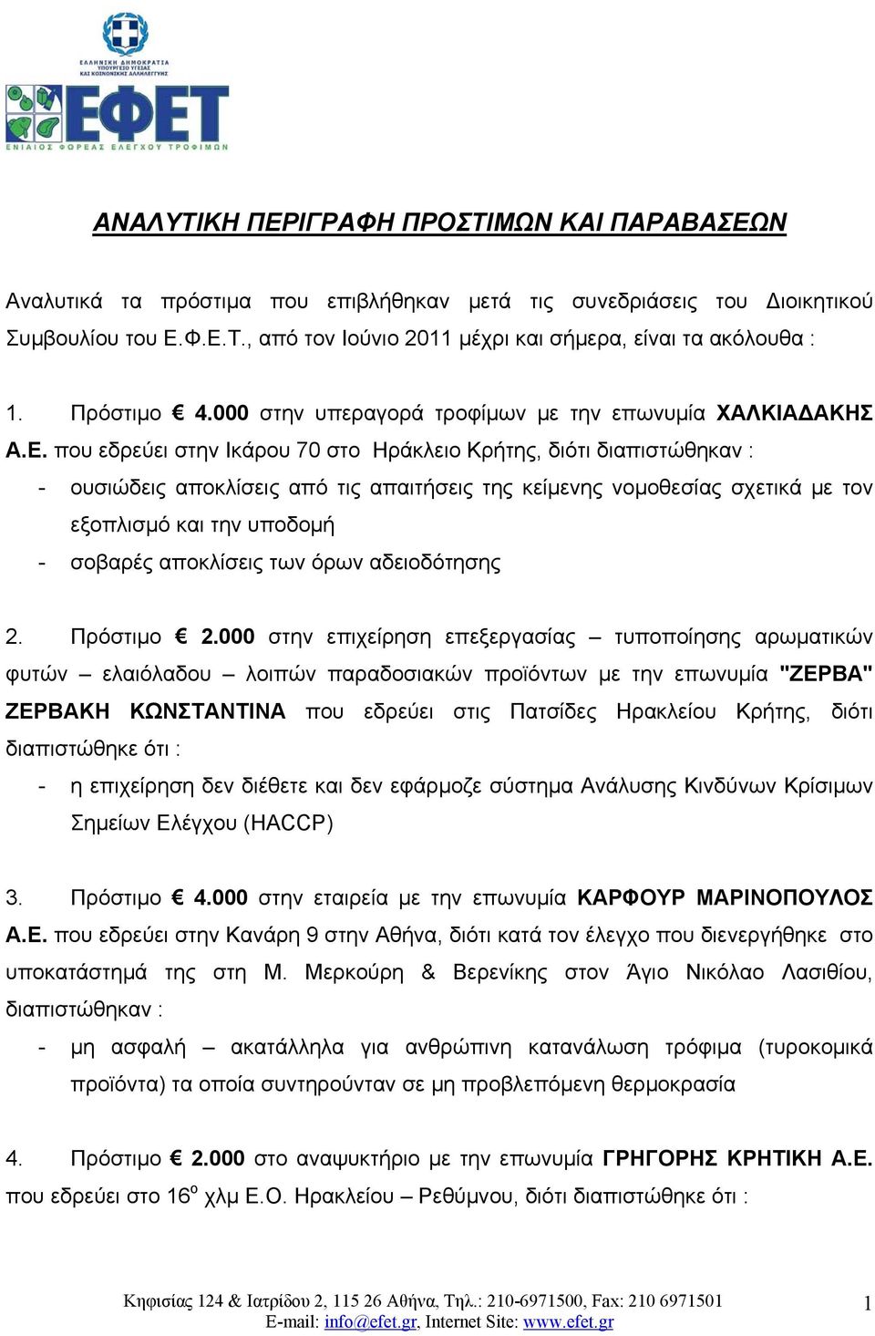 που εδρεύει στην Ικάρου 70 στο Ηράκλειο Κρήτης, διότι - ουσιώδεις αποκλίσεις από τις απαιτήσεις της κείμενης νομοθεσίας σχετικά με τον εξοπλισμό και την υποδομή - σοβαρές αποκλίσεις των όρων